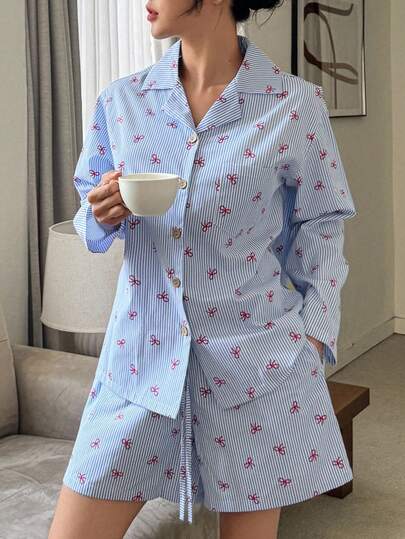 DAZY 条纹蝴蝶结印花全印花女士睡衣套装，秋季服装