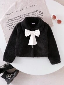 SHEIN 女童加厚毛领长袖可拆卸蝴蝶结冬季外套，时尚简约儿童短款开衫，秋冬款 - 黑色 - 查看 1