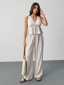 SHEIN Tall 2pcs Women's Striped Tie Waist Sleeveless Top And Pants Set, Tall Version, Classy Outfits For Women, Dress Casual, 2 Pieces Women's Summer Casual Resort Sleeveless Striped Tie Waist Waistband Sleeveless Top And Pants Summer Outfits For Women Two Pieces Set Women Vacation Outfits Woman Everyday Wear,Elegant Women's Set,Country Style For Women - White - View 6