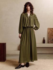 Revavyn 女式提花拼接长款宽松休闲连衣裙 - 軍綠色 - 查看 4