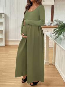 SHEIN Vestido de maternidad de unicolor con drapeado para otoño - Verde militar - Ver 3