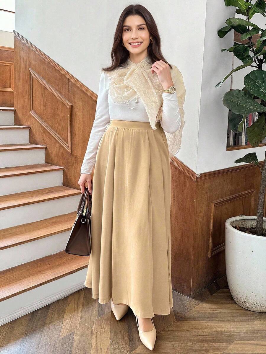 SHEIN LUNE Váy dài trơn màu giản dị cho nữ, mùa thu - Màu Khaki - Xem 1