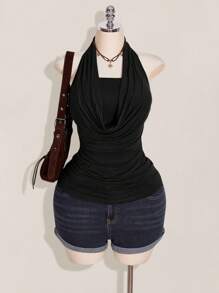 SHEIN ICON 加大码 2 件西方女性外出夏季波西米亚风挂脖棕色露背女式背心和吊带背心 - 黑色 - 查看 6