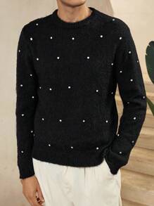 Manfinity Homme 时尚博主风格纯色重工装饰水钻男士毛衣，欧美新款男士水钻毛衣男士装饰毛衣，秋冬 - 黑色 - 查看 2