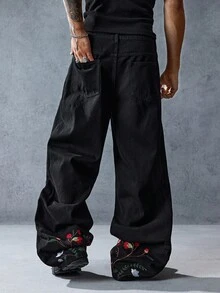 ROMWE MEN Street Life Quần jean ống đứng thêu hoa phong cách retro thường ngày cho nam, phong cách Grunge - màu đen - Xem 3