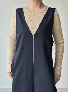 FRIFUL Damski jednokolorowy, bezrękawnik, dekolt w serek, zamek błyskawiczny, prosty, luźny, swobodny kombinezon, uniwersalny strój na lotnisko, jesienny kombinezon - Szary - Zobacz 4