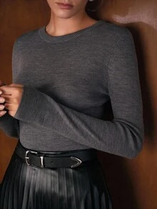 MOTF PREMIUM 女士 100% 羊毛圆领长袖毛衣，秋冬 - 灰色 - 查看 4