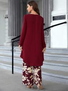 EMERY ROSE Women's Elegant Commuter Solid Color Asymmetric Hem Top & Floral Print Pants 2 Pieces Set - Burgundy - View 2