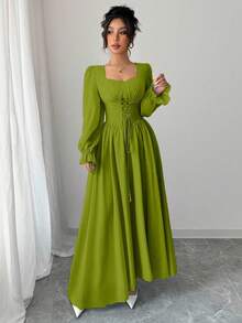 Modelyn 女士绿色长袖束腰中长连衣裙，优雅法式风格 - 綠色 - 查看 4