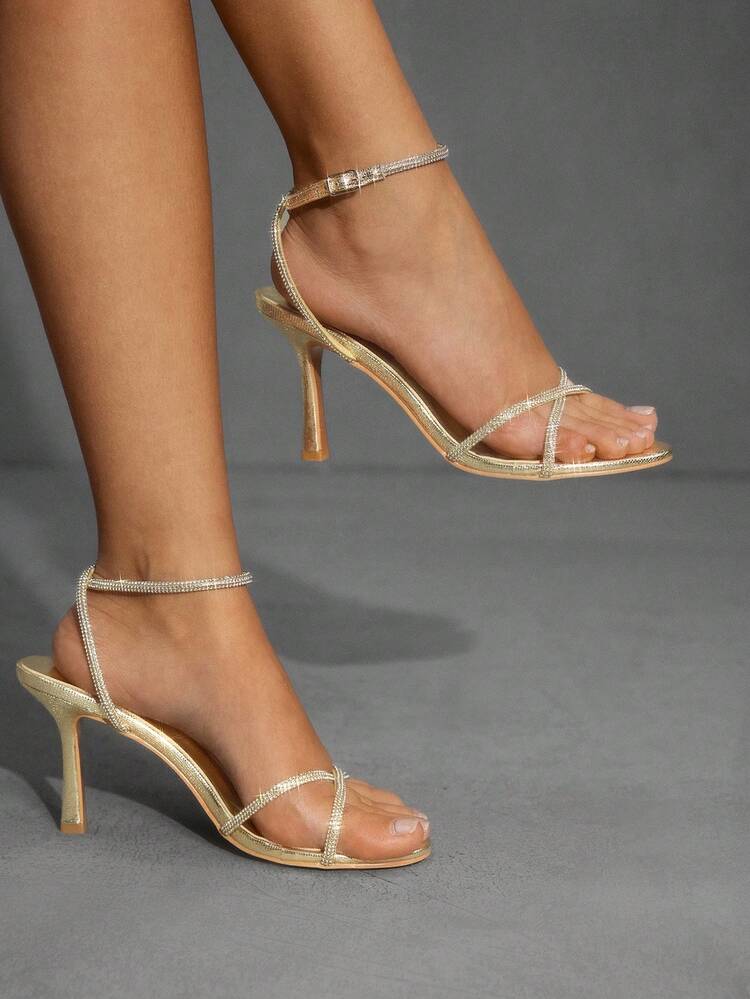 CUCCOO SZL Women's Gold Metal PU Thin Strap Rhinestone Decor Strap Ankle Strap Fashionable Sexy Metallic Nightclub Style Round Toe Thin High Heel Sandals