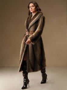 Anewsta معطف فرو صناعي فضفاض طويل ناعم وفاخر مخطط للنساء في فصل الخريف/الشتاء - بني - مشاهدة 3