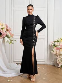 Coutiva Vestido de noche elegante de mujer con decoración de strass, plisado y abertura en la falda de cola de pez - Negro - Ver 6
