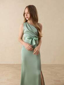 Satin One-Shoulder Bowknot Decor Hem Slit Maxi Dress For Girls, Elegant Flower Girl Dress For Wedding, Prom, Birthday Party, Christmas, Halloween, Back To School, Graduation Fall Winter - Green - View 5