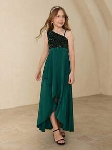 Elegantes Blumenkleid für Tween Mädchen für Abschluss, Hochzeit, Ball, tiefgrünes Satinkleid mit Pailletten, einschultrig, ärmellos, Midi-Länge für Halloween, Weihnachten, Party, Mädchen Asymmetrischer Saum, aufgeblähter Rock Prinzessinnenkleid für Schulanfang - Dunkelgrün - Übersicht 5
