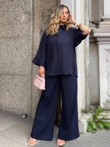 Jeta Ari Bộ 2 chiếc/bộ áo sơ mi rộng xẻ tà pha trộn và quần ống rộng cạp cao thanh lịch cho nữ công sở thường ngày - Màu xanh hải quân - Xem 5