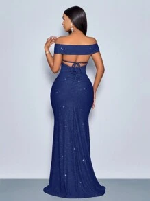 SOLERSUN Suitable For Christmas Party Vacation & Dating Elegant Burgundy Elegant Twisted Off Shoulder Backless Strap High Slit Mermaid Dress With Metallic Sheen Maxi Women Outfit - Navy Blue - View 2