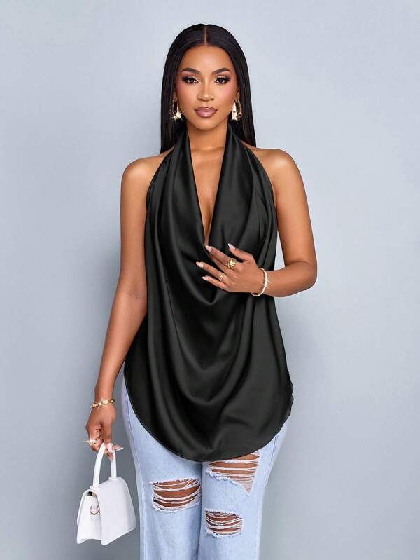 SOLERSUN Spring And Summer Women's Wear Leisure Vacation Apricot Glossy Fabric Deep V Neck Halter Straps Swing Neck Curved Hem Backless Straps Woven Fabric Vest