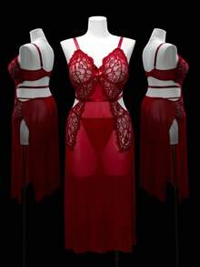 SHEIN Seduluxe 2 piezas Conjunto de lencería de talla grande con encaje y malla de contraste con aros