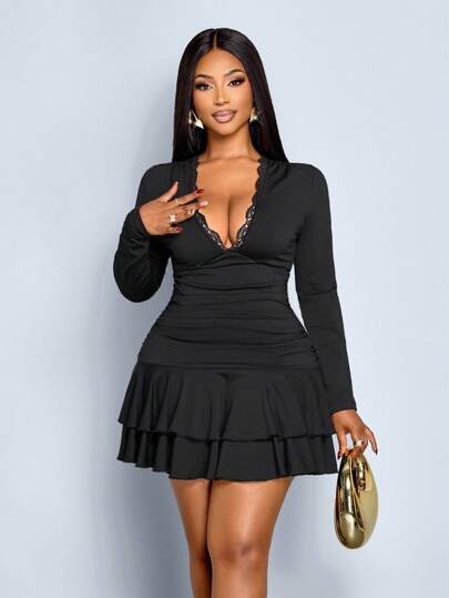 SOLERSUN Autumn And Winter Plus Size Women's Early Autumn Black Knitted Fabric Daily Leisure Party Slim Long Sleeve Deep V Neck Lace Pleated Double Ruffle Hem Small Dress Fall Cloth For Women,Fall And Winter,Black Dress,Double Layered Ruffled Hem At The Hem,Halloween,Christmas,New Year Look,Prom Dress,Graduation Dress