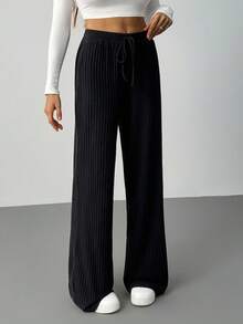 SHEIN Tall Pantalones anchos de pierna ancha con cinturón de unicolor, pantalones cargo casuales y sueltos para mujer - Negro - Ver 5