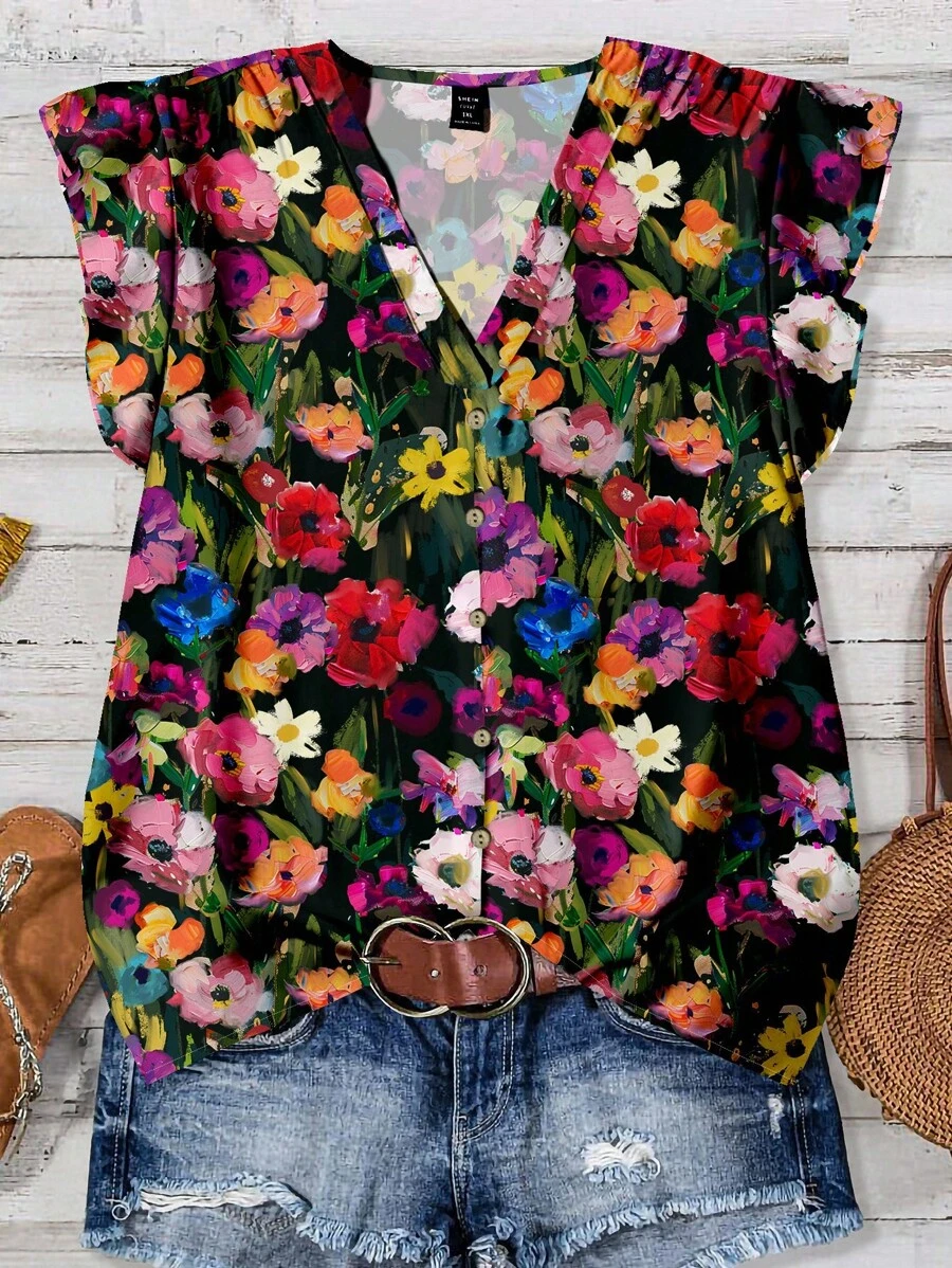 EMERY ROSE Plus Size Women's Casual Floral Print Retro Style Shirt, Suitable For Summer Floral Blouses For Women Chic Blouses For Women - Multicolor - View 1