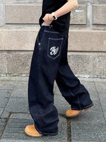 PAVTROS 男士时尚口袋印花宽松牛仔裤 - 深色水洗藍 - 查看 7