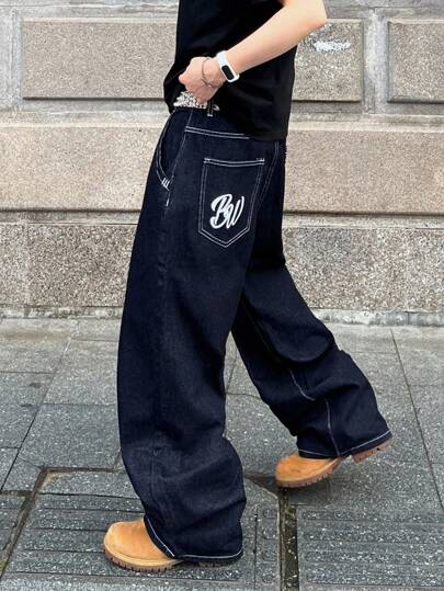 PAVTROS Quần jeans ống rộng dáng suông in họa tiết túi Streetrush Fashion dành cho nam.
