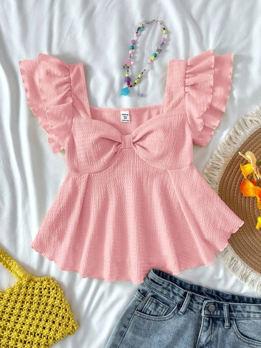 SHEIN Áo thun dệt kim jacquard tay bèo nhún họa tiết mùa hè dễ thương, thoải mái cho bé gái tuổi teen, đồ mặc nhà, dễ thương, thích hợp cho các bữa tiệc, ngày lễ tình nhân - Hồng - Xem 1