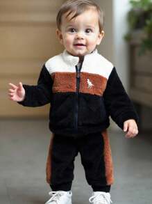 SHEIN Playful Pals 2pcs Baby Boys' Plush Warm Dinosaur Pattern Matching Casual Thick Jacket And Pants Set, Winter - Multicolor - View 1