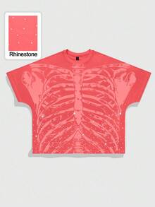 ROMWE MEN Street Life Men's Diamond Skull Print Loose Fit Short Sleeve T-Shirt - Red - View 1