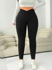 Solflare Plus Size Women Black Casual Minimalist Versatile Commute Solid Color Overlap High Waist Elastic Skinny Leggings,Fall Clothes For Women