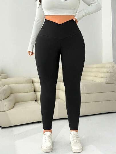 Solflare Quần legging bó cạp cao co giãn màu trơn màu đen đơn giản, thường ngày, đa năng, dễ mặc khi đi làm, cỡ lớn dành cho nữ