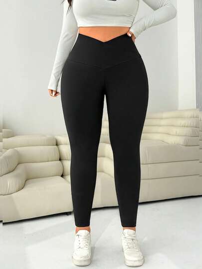 Solflare Quần legging bó cạp cao co giãn màu trơn màu đen đơn giản, thường ngày, đa năng, dễ mặc khi đi làm, cỡ lớn dành cho nữ