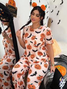 SHEIN Pink Summer Halloween Pajamas Women Plus Size Pumpkin And Bat Nighty,Comfy Fall Orange PJs Set For Festive Look - Multicolor - View 3