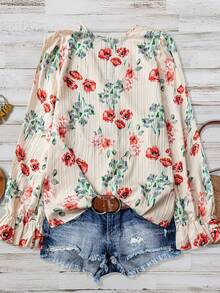 Linhara 大码女式纹理花卉印花蕾丝拼布长袖荷叶边V领休闲常规衬衫 - 杏色 - 查看 2