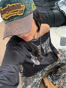 Teen Girl Letter Print Long Sleeve Cropped T-Shirt And Branch Print Pants Casual Outfit - Multicolor - View 3