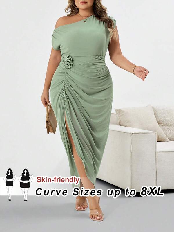 SHEIN CURVE+ Plus Size Green 3D/Embossed Floral Maxi Dress, Elegant Maxi Dress, Suitable For Summer/Women's Summer Clothing/Summer Wear, Beach, Vacation, Back To School, Spring/Summer Dress, Ruffle Side Slit Maxi Dress/Wedding Attire/Bridesmaid Dress/Cocktail Dress/Party Dress