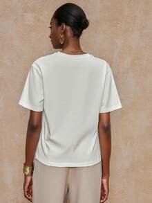 Firerie VITNOS New Fall/Winter High-End Women's Casual Everyday Commuter Elegan Women's Elegant Embroidered Solid Color Loose Cotton T-Shirt, Spring/Summer Autumn, Night Out, Parties, Date Night, Country, Homecoming, Casual, Holiday Vacation - Beige - View 2