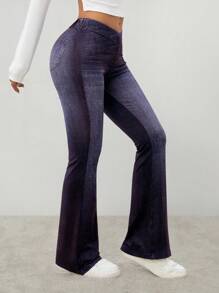 SHEIN PETITE CURVE Plus Size Non-Denim Flare Leg Pants, Denim Effect Print - Navy Blue - View 6