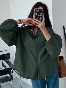 DAZY 女士纯色透气舒适轻薄灯笼袖单排扣衬衫秋季上衣长袖上衣 - 墨綠色 - 查看 5