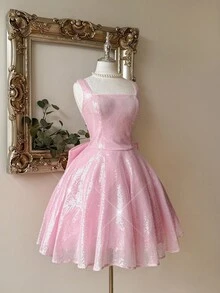 Lovelzi 优雅奢华粉色亮片刺绣宽肩带方领连衣裙，蝴蝶装饰，适合正式场合 - 粉色 - 查看 4