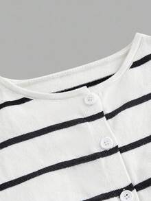 SHEIN Unity Cardigan sans manches à simple boutonnage, style casual, rayures noires et blanches, couleurs contrastées pour femmes - Blanc - Voir 5