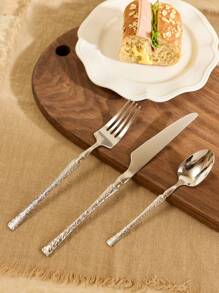 Cirelle Stainless Steel Bark-Patterned Cutlery Set, Western Steak Knife Fork Spoon Set, Cutlery, Home & Restaurant Dinner Set, Kitchen Accessories | Cutlery Set,Cutlery,Dinner Set,Kitchen Accessories,Spoon And Fork Set - Silver - View 1