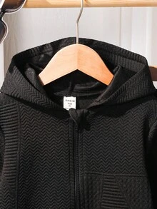 SHEIN 2 件套年轻男孩夹克和裤子套装，休闲学院风纹理面料夹克，适合返校、大学、秋冬季、假期、除夕、复古风格、圣诞节、新年 - 黑色 - 查看 7