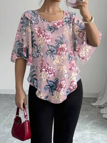 Elenzga Women's Elegant Floral Print Ruffle Sleeve Blouse, Summer - Multicolor - View 5