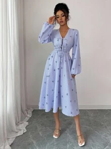 INAWLY Robe mi-longue élégante et décontractée pour femmes, avec nœud, col en V et manches lanternes. Rayures. Convient pour les voyages et les vacances, automne/hiver - Bleu azur - Voir 5