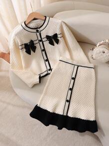 Tween Girl 手工蝴蝶结短款开衫和荷叶边针织裙套装