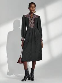 Chiquease Váy dài chấm bi họa tiết hoa thêu thanh lịch dành cho nữ - màu đen - Xem 3