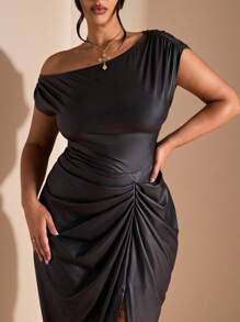 SHEIN BAE Plus Size Women Black Asymmetric Shoulder PU Elegant Long Slit Dress,Summer Formal Evening Night Out Club Wedding Guest Birthday Halloween Hoco Dress - Black - View 3
