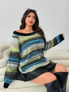 Solflare Plus Size Women Casual/Work Raglan Sleeve Colorblock Striped Pattern Pullover Sweater, Autumn/Winter Fall - Multicolor - View 2